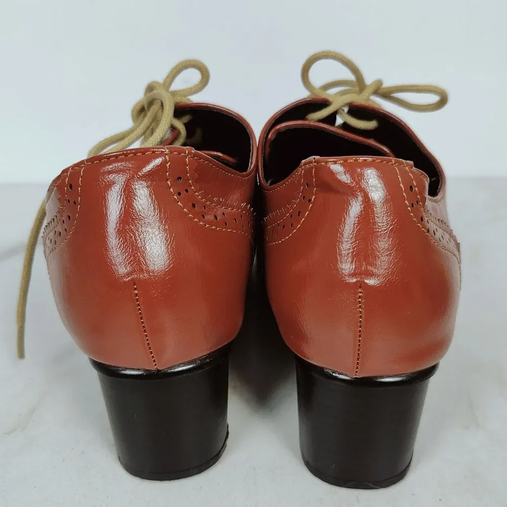 Odema Women's Brown Faux Leather Oxford Wingtip Brogue Heel Shoes, Sz 7